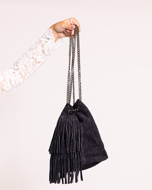 Secchiello con frange vera pelle