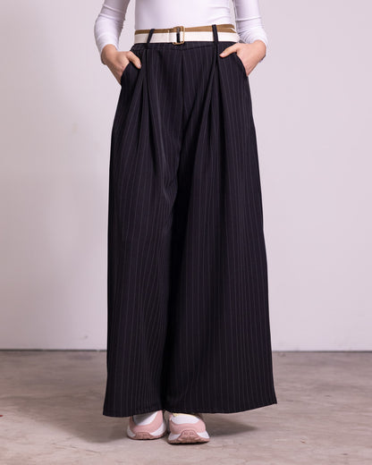 Pantalone palazzo gessato con cintura