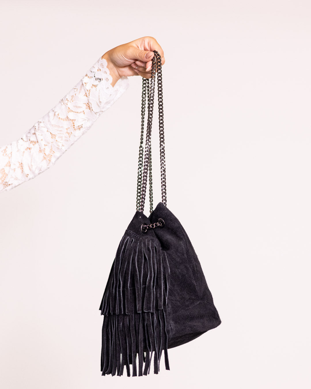 Secchiello con frange vera pelle