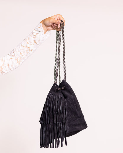 Secchiello con frange vera pelle