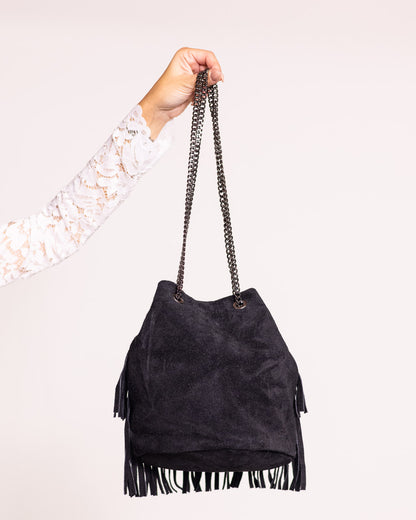 Secchiello con frange vera pelle